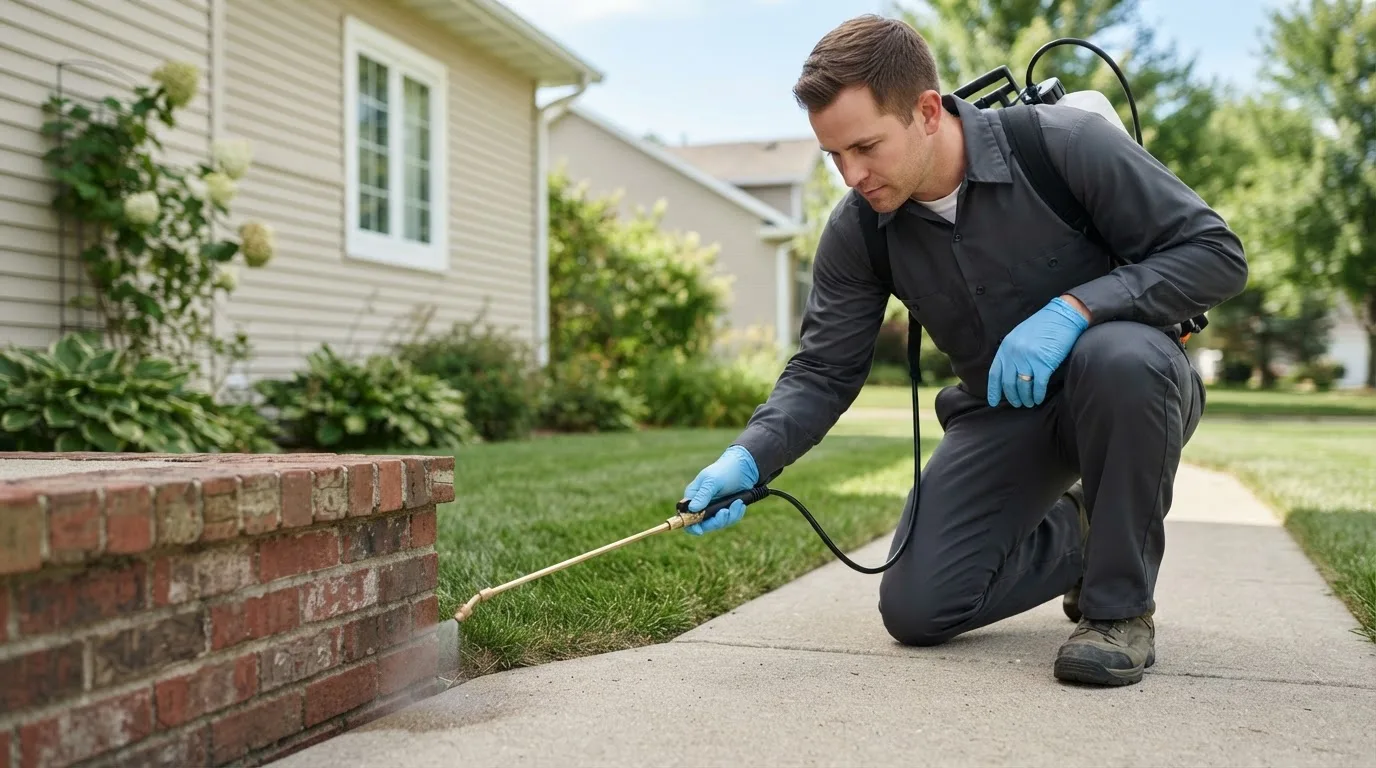 Pest control technician treating a home near Langdon, ND